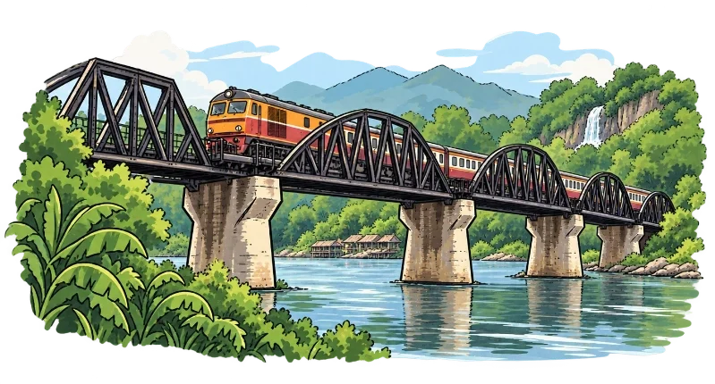 Illustrated Kanchanaburi day trip scene with a train crossing the River Kwai bridge
