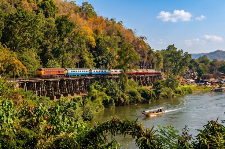 Scenic River Kwai landscape with the historic Death Railway in Kanchanaburi